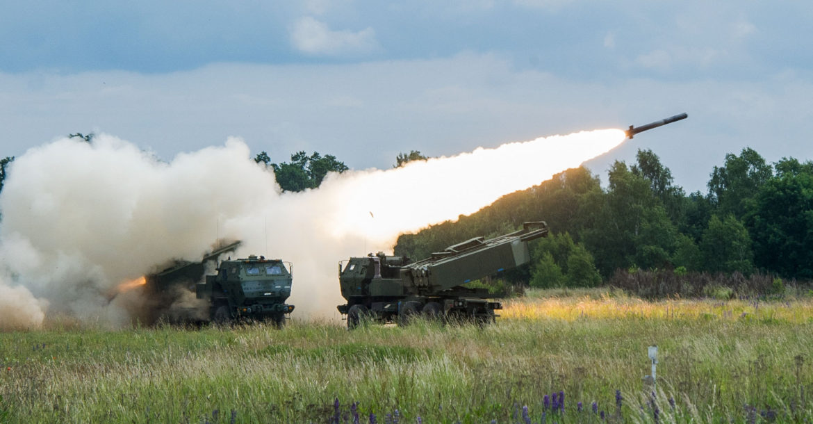  M142 High Mobility Artillery Rocket System (HIMARS) vehicles execute a fire mission during Exercise Saber Strike at Bemoko Piskie, Poland, June 16, 2017. Image: US Army/Markus Rauchenberger